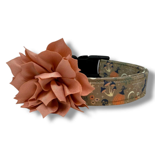 Cottagecore Halloween dog collar with rustic autumn florals, vintage-inspired design, and adjustable buckle for dogs and removable dog collar flower. 