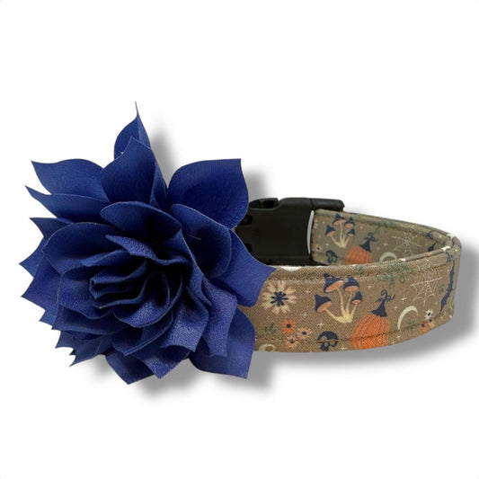 Cottagecore Halloween dog collar with rustic autumn florals, vintage-inspired design, and adjustable buckle for dogs and removable dog collar flower. 