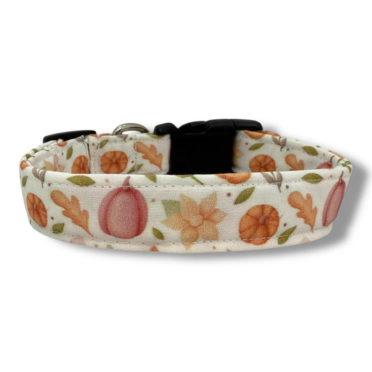 Fall dog collar with pumpkins, golden leaves, and autumn blooms in warm orange, peach, and earthy tones for seasonal style.