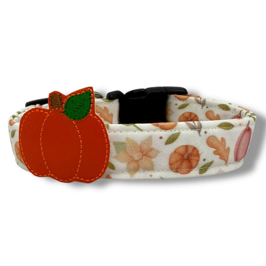 Fall dog collar with pumpkins, golden leaves, and autumn blooms in orange, peach, and earthy tones, includes removable pumpkin embellishment.