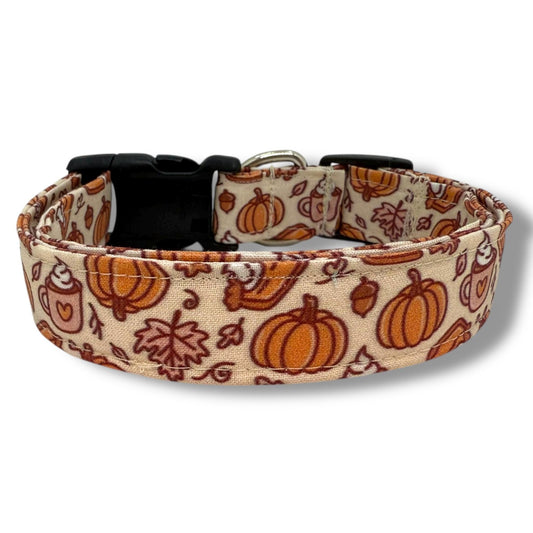 Fall dog collar with pumpkins, leaves, acorns, pumpkin pie, and latte mugs in warm autumn colors for seasonal style.