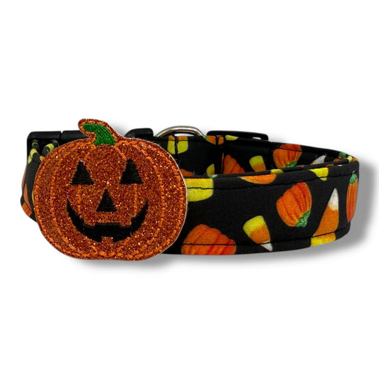 Halloween dog collar with candy corn and pumpkin pattern on black background, includes removable shimmery jack-o’-lantern embellishment.