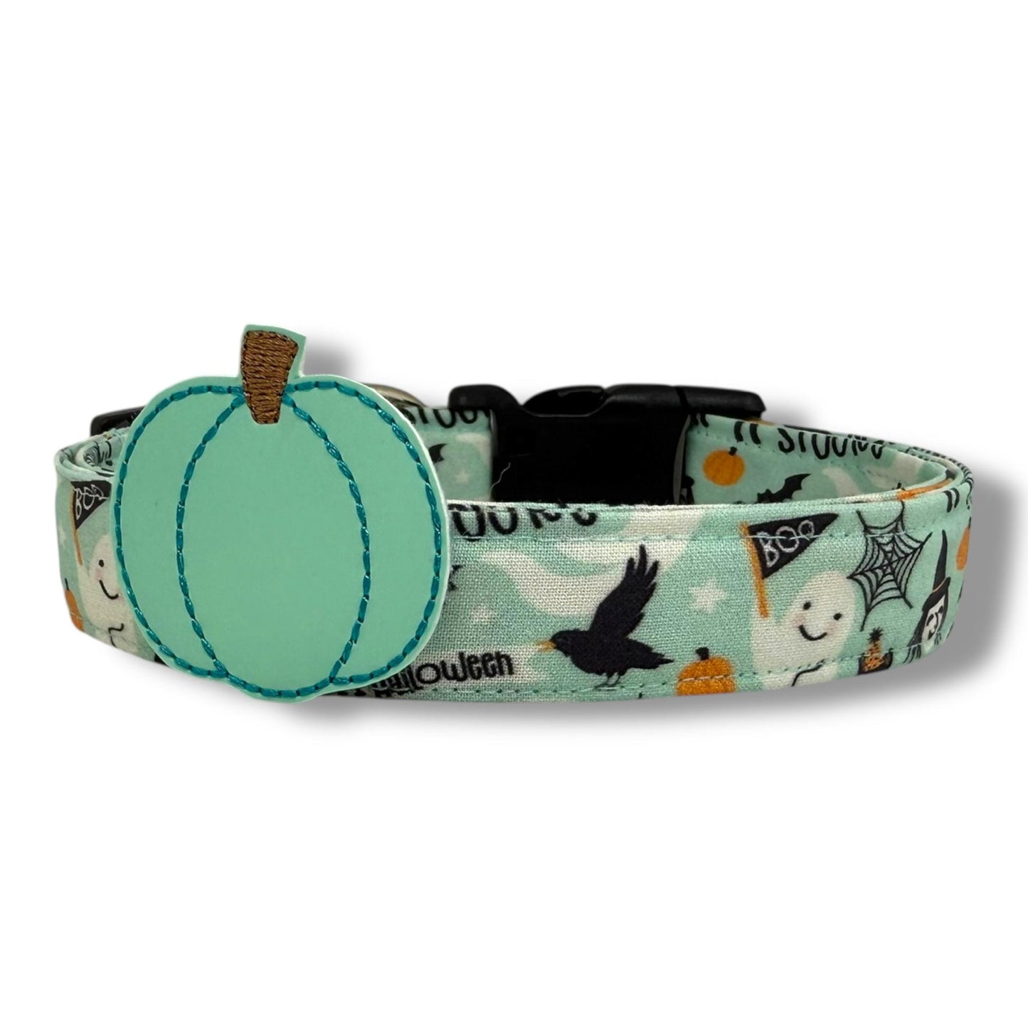 Pale Sea Glass Halloween dog collar with ghosts, spider webs, skeletons, pumpkins, witch hats, and removable aqua pumpkin embellishment.
