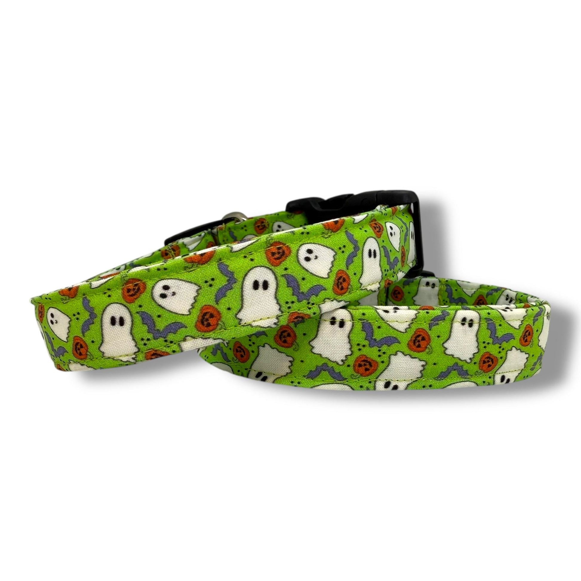 Bright green Halloween dog collar with ghosts, pumpkins and bats.