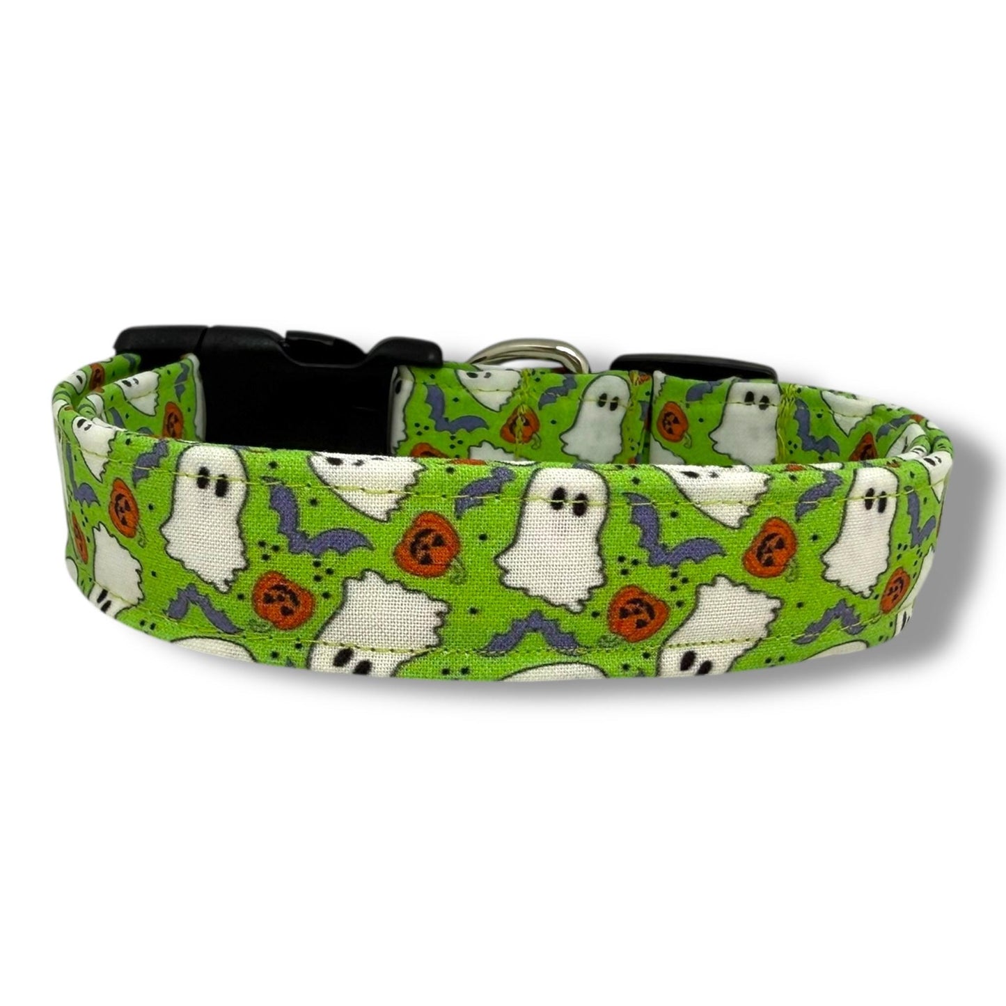 Bright green Halloween dog collar with ghosts, pumpkins and bats.