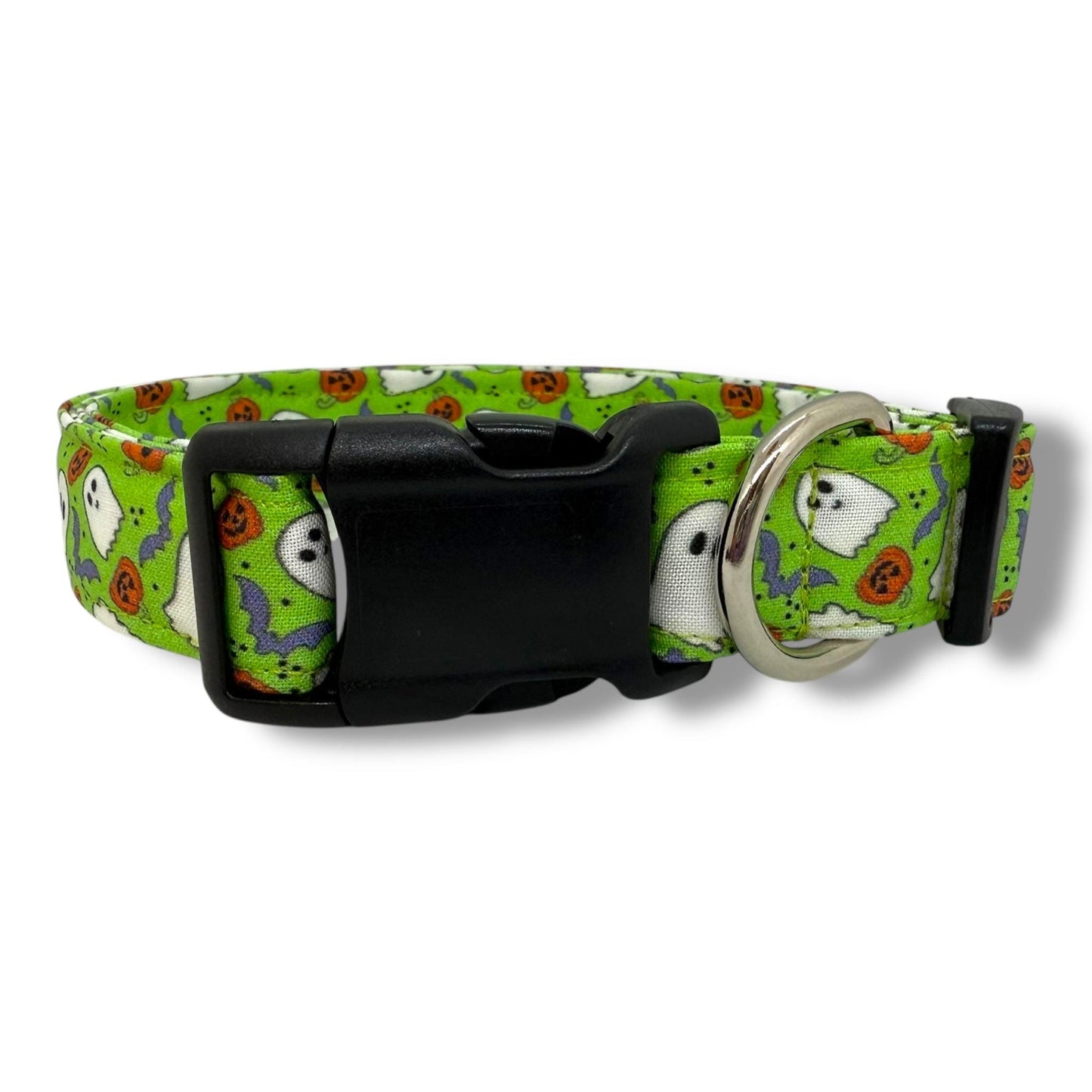 Bright green Halloween dog collar with ghosts, pumpkins and bats.
