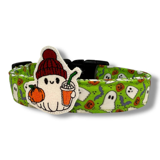 Halloween dog collar with ghosts, pumpkins, and bats on a bright green background, includes removable shimmery ghost embellishment.