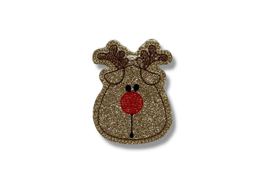 Shimmery embroidered reindeer dog collar embellishment with red nose, featuring an elastic loop on the back for easy attachment