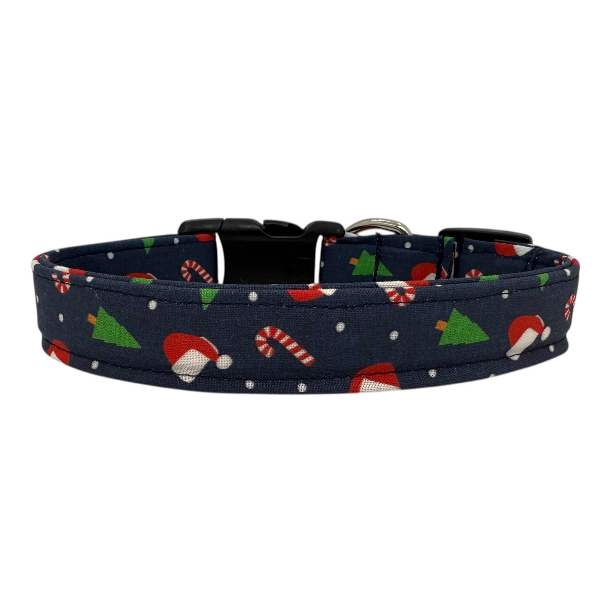 Navy cotton dog collar printed with small Christmas icons, featuring a side-release buckle and metal D-ring, handmade and adjustable in multiple sizes