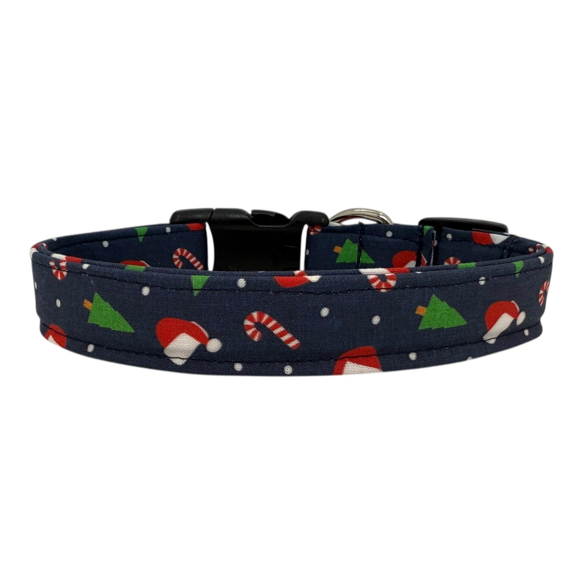 Navy cotton dog collar printed with small Christmas icons. The collar has a side-release buckle and metal D-ring, handmade and adjustable in multiple sizes.