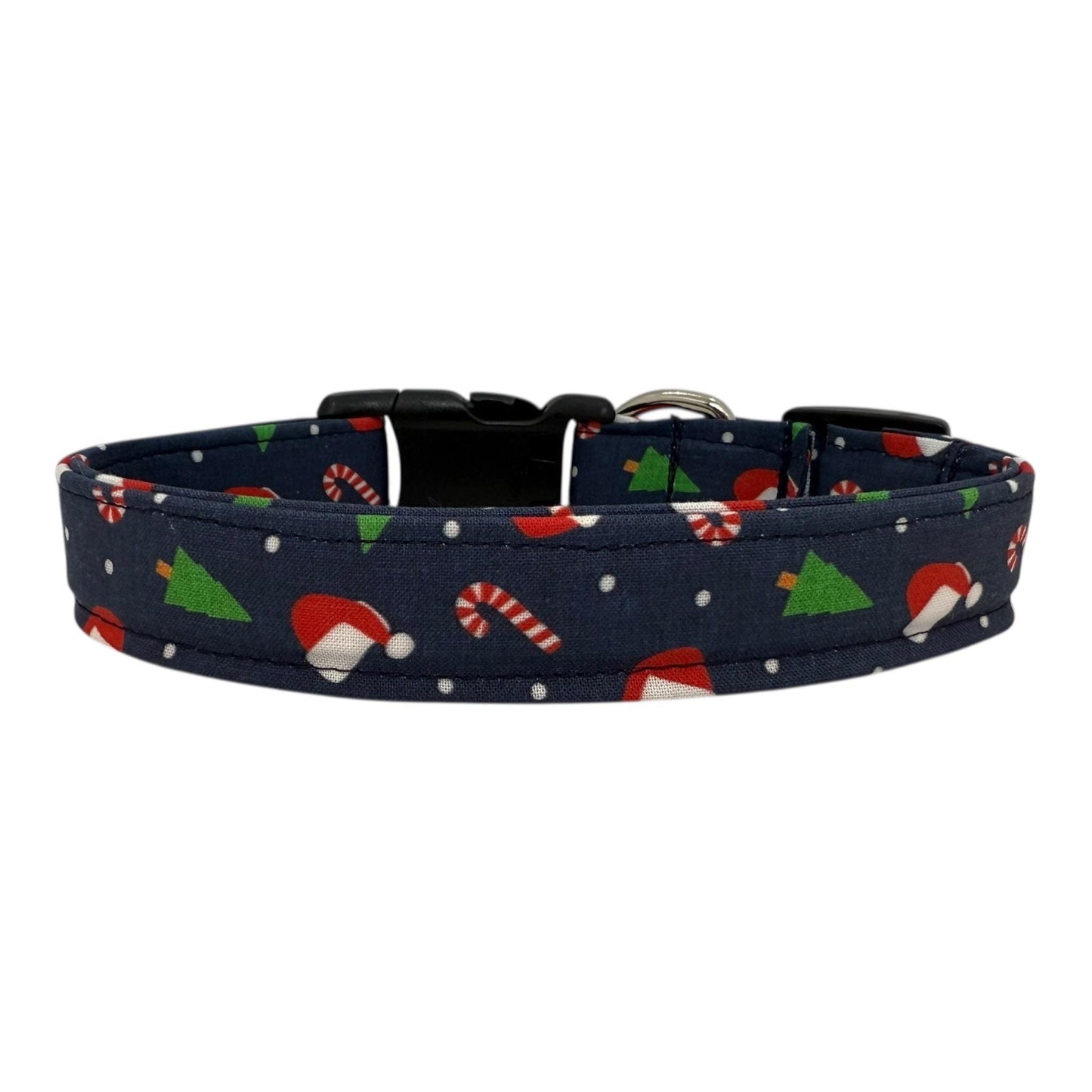 Navy cotton dog collar printed with small Christmas icons, featuring a side-release buckle and metal D-ring, handmade and adjustable in multiple sizes.