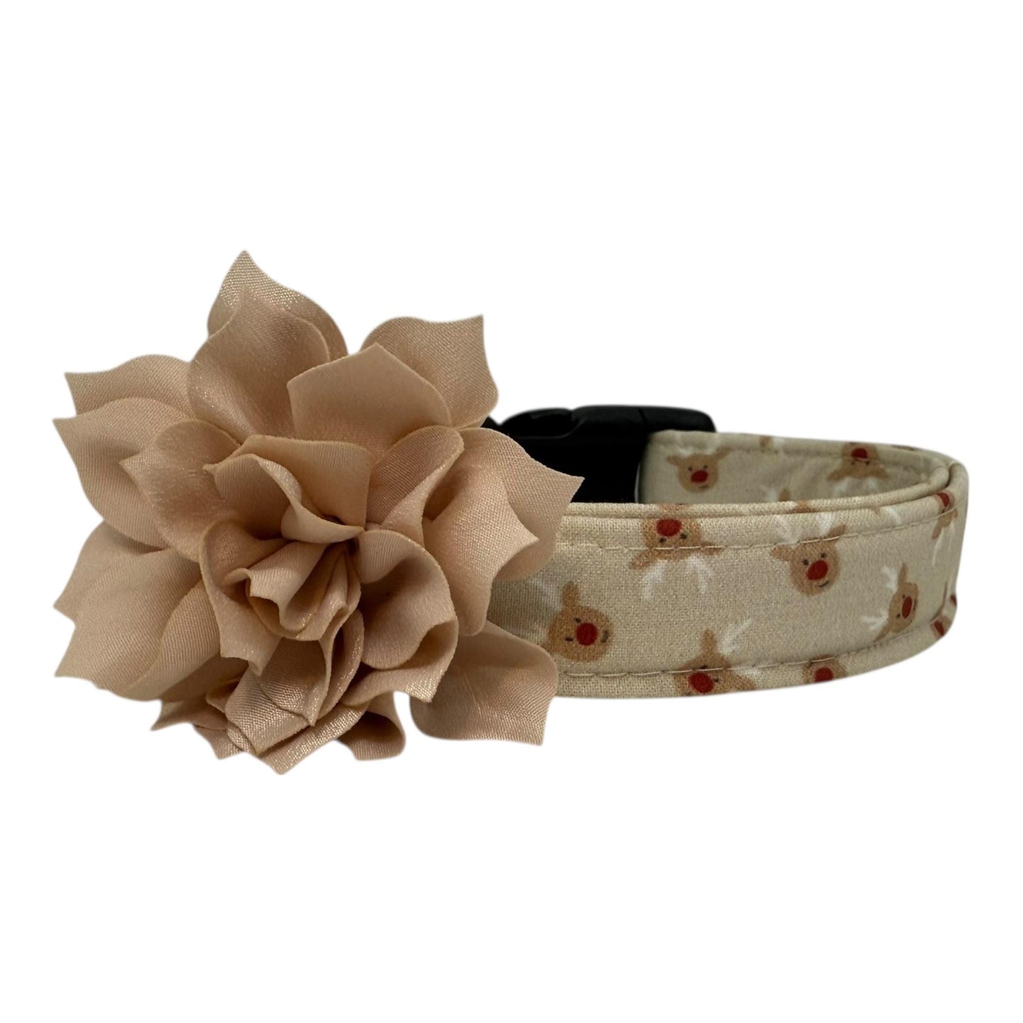 Beige dog collar with small red-nose reindeer faces and a removable flower attachment, adjustable with black buckle and metal D-ring.