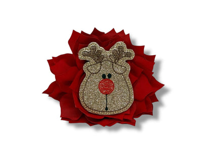 Red fabric dog collar flower with a shimmery red-nose reindeer embellishment, designed to attach to any dog collar with a soft elastic loop