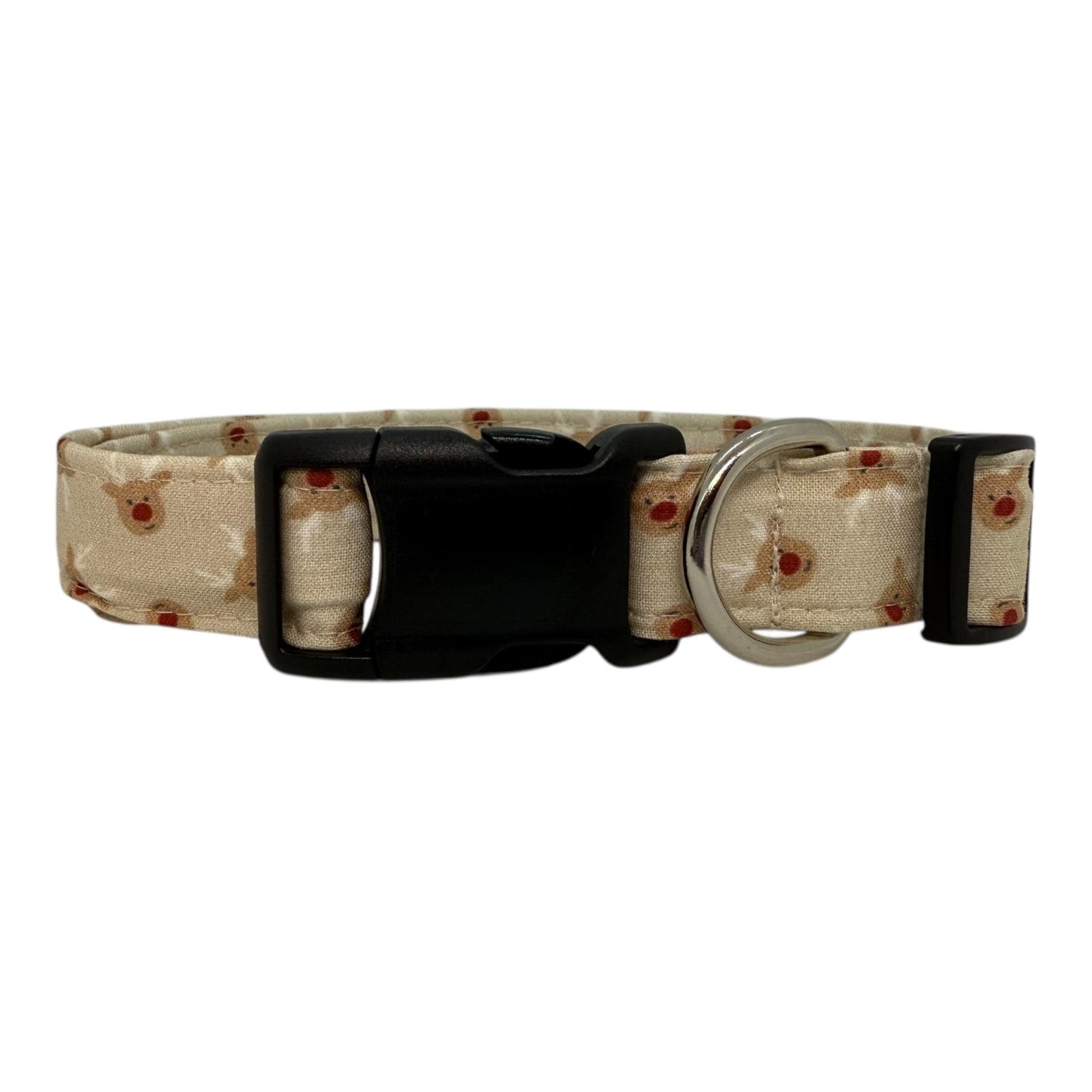 Beige dog collar with small red-nose reindeer faces and a removable flower attachment, adjustable with black buckle and metal D-ring.