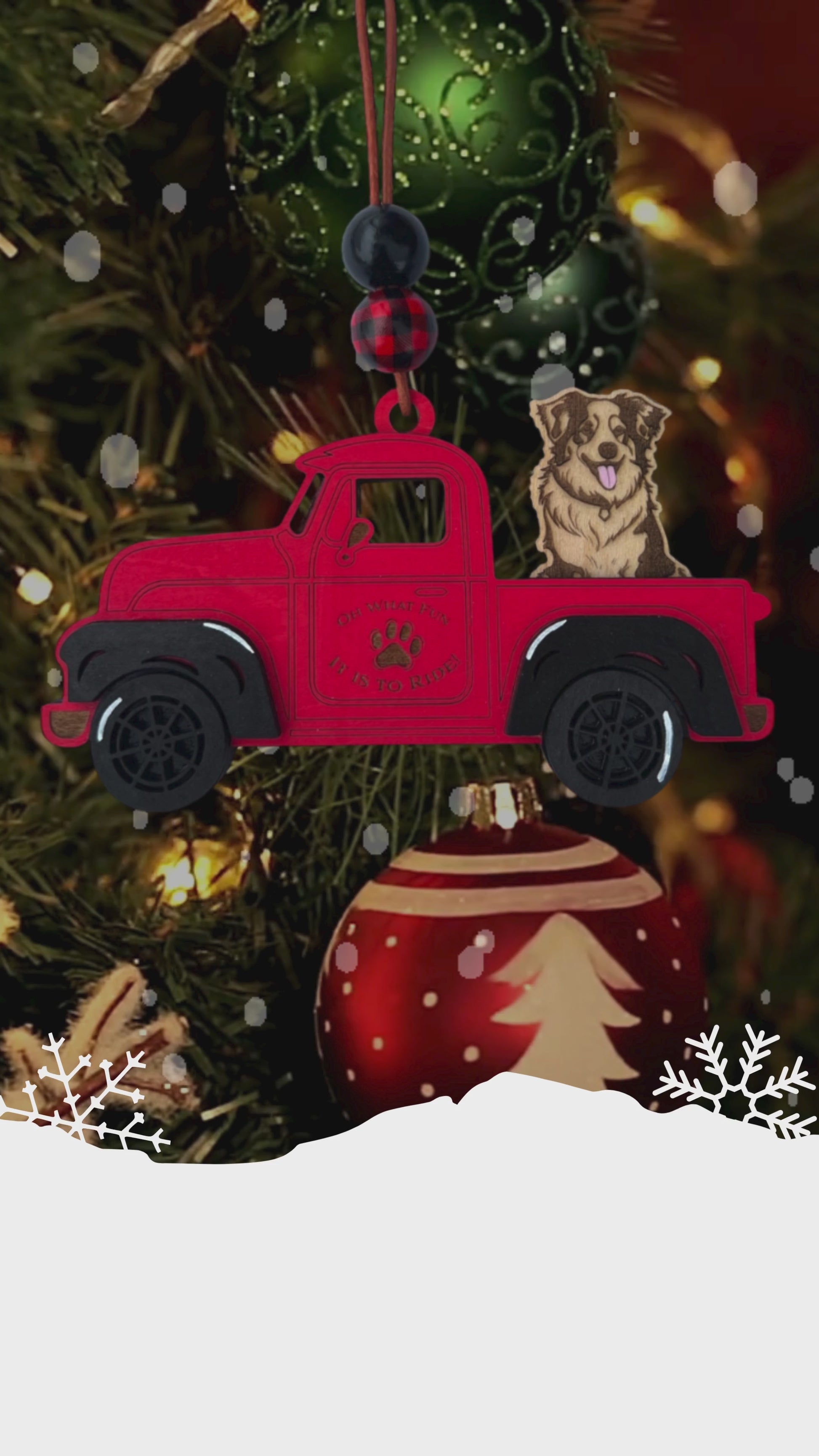 Custom Christmas truck ornament with interchangeable dog breeds, hand-painted details, and rustic leather cord for hanging.